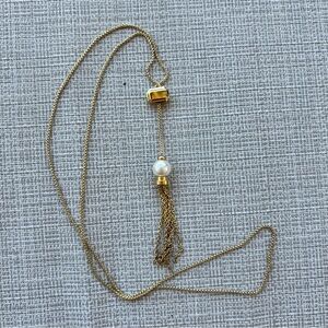 Gold-tone Chain Tassel Necklace with A Faux Pearl and Bar Drop Pendant. 23” Long